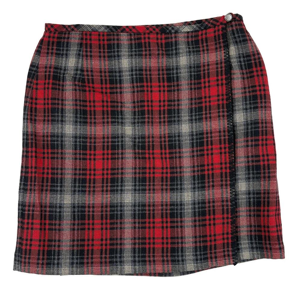 VTG Eddie Bauer 100% Wool Wrap Mini Skirt Women 16 Tall Red Plaid Lined Academia